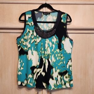 nwot Jones New York Collection Turquoise and Black Patterned Blouse SZ L